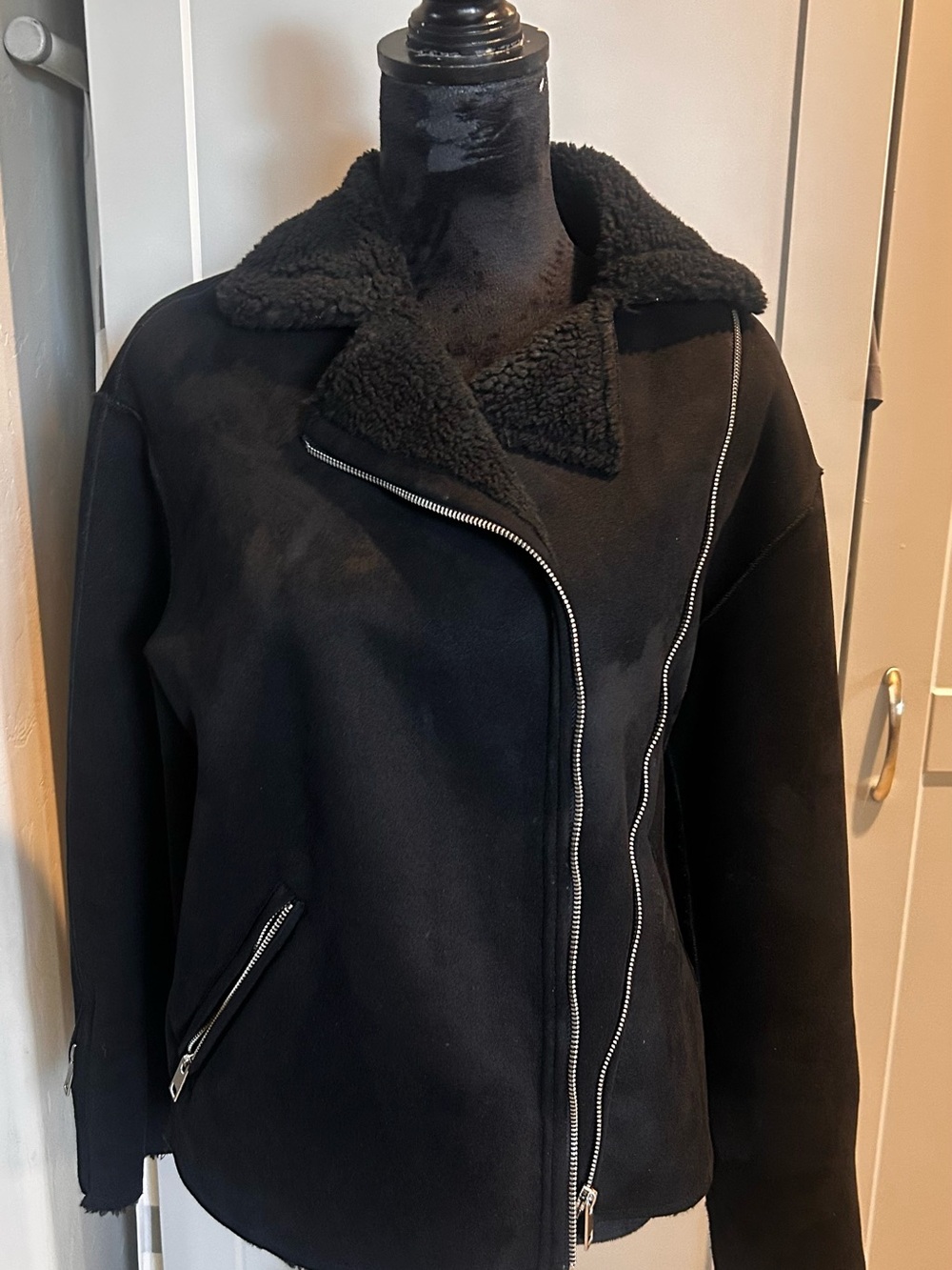 H&M Black Teddy Sherpa-Lined Asymmetric Zip Jacket